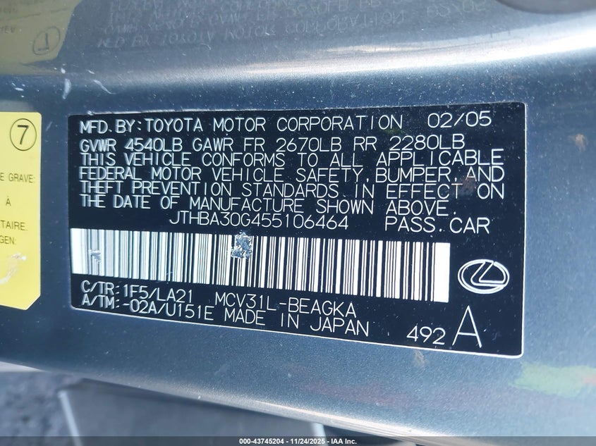 JTHBA30G455106464 2005 LEXUS ES photo no. 9