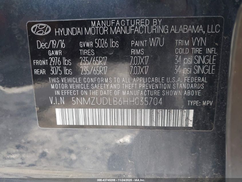 2017 Hyundai Santa Fe Sport 2.4L VIN: 5NMZUDLB6HH035704 Lot: 43745206