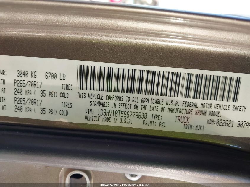 2009 Dodge Ram 1500 Slt/Sport/Trx VIN: 1D3HV18T59S779638 Lot: 43745208