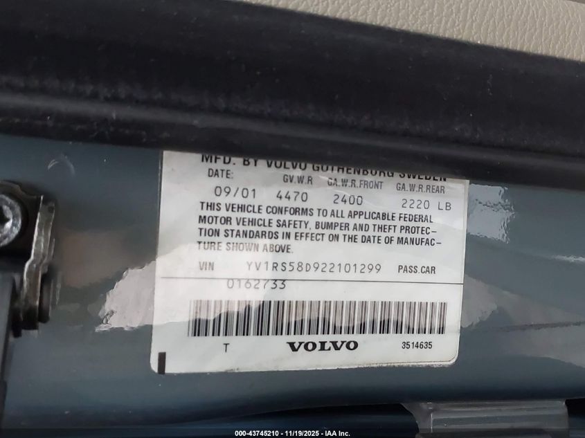 2002 Volvo S60 2.4T VIN: YV1RS58D922101299 Lot: 43745210