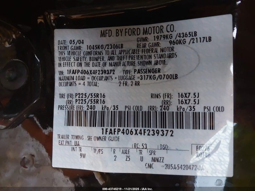 2004 Ford Mustang VIN: 1FAFP406X4F239372 Lot: 43745219
