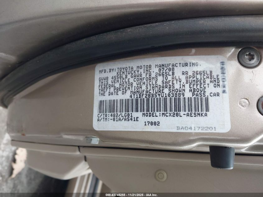 2000 Toyota Avalon Xl VIN: 4T1BF28B5YU103889 Lot: 43745255