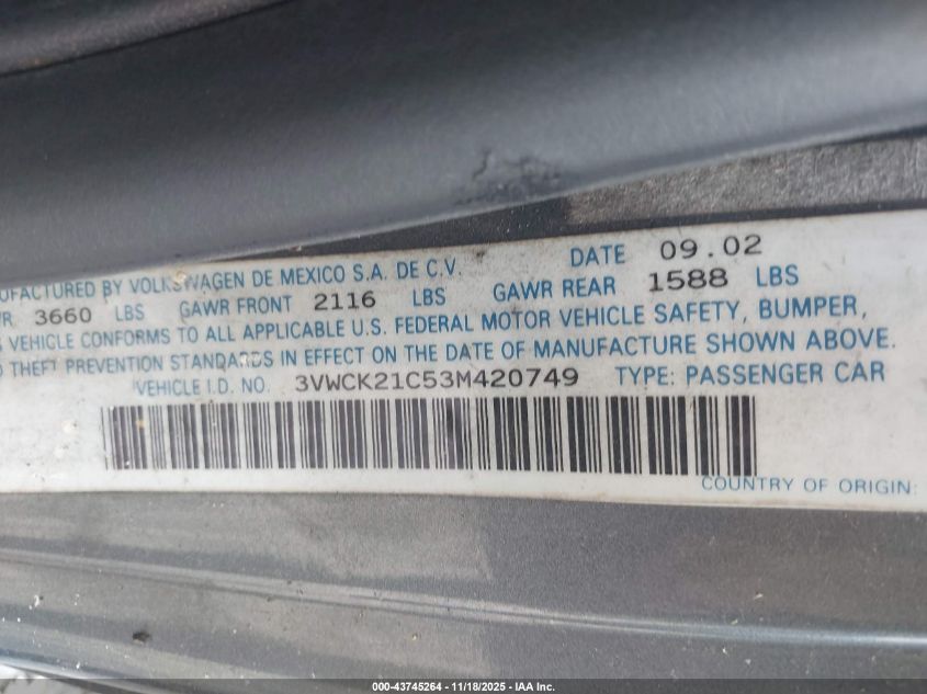 2003 Volkswagen New Beetle Gls 2.0L VIN: 3VWCK21C53M420749 Lot: 43745264