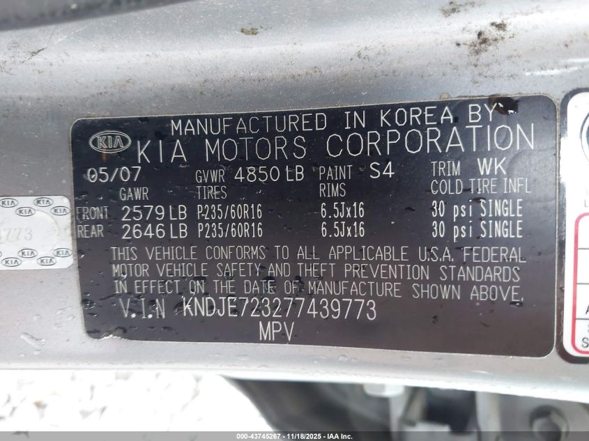 2007 Kia Sportage Lx V6 VIN: KNDJE723277439773 Lot: 43745267