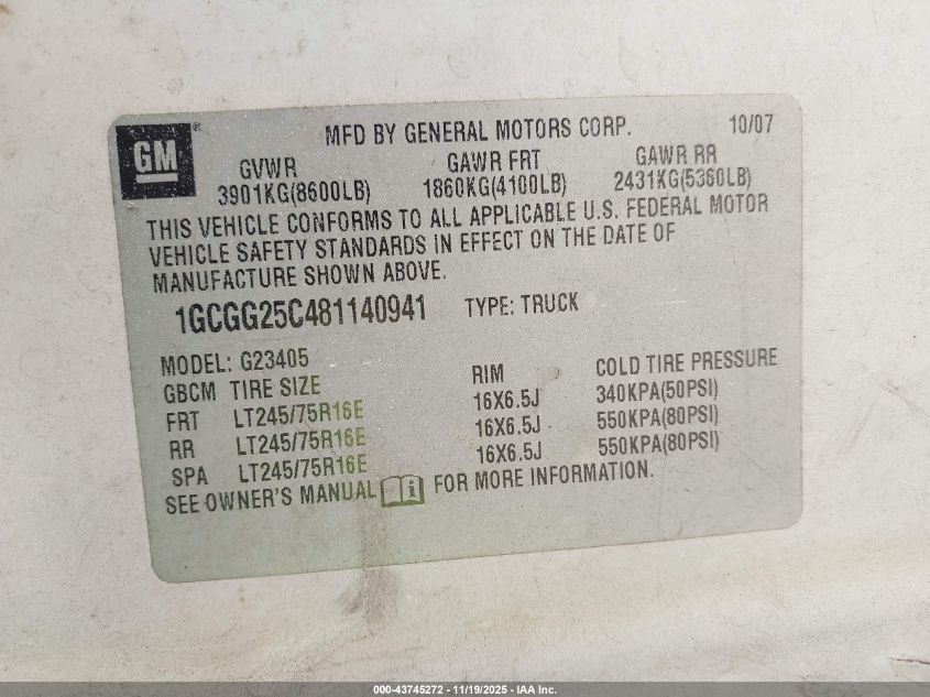 2008 Chevrolet Express Work Van VIN: 1GCGG25C481140941 Lot: 43745272