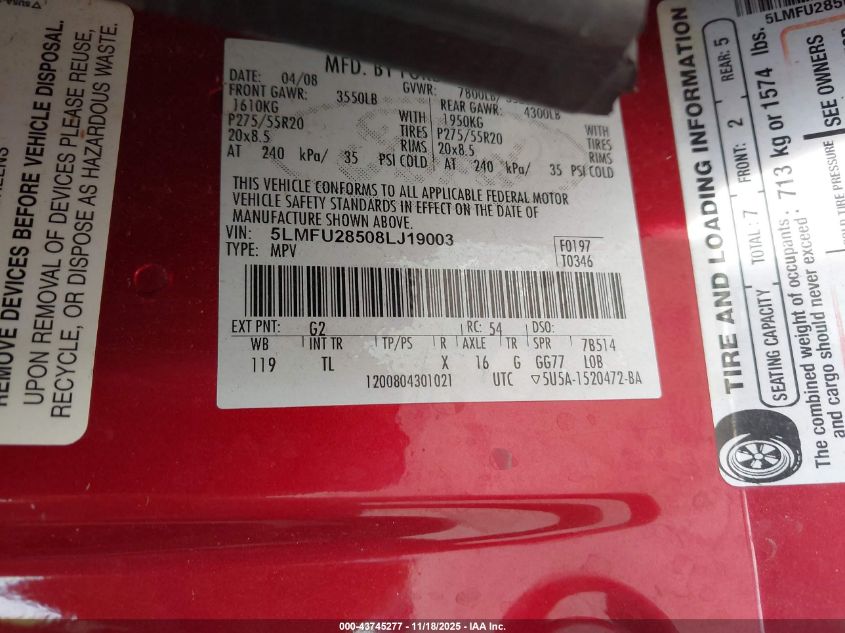 2008 Lincoln Navigator VIN: 5LMFU28508LJ19003 Lot: 43745277