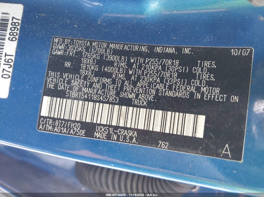 2008 Toyota Tundra Base 4.7L V8 VIN: 5TBRT54118S457853 Lot: 43745285