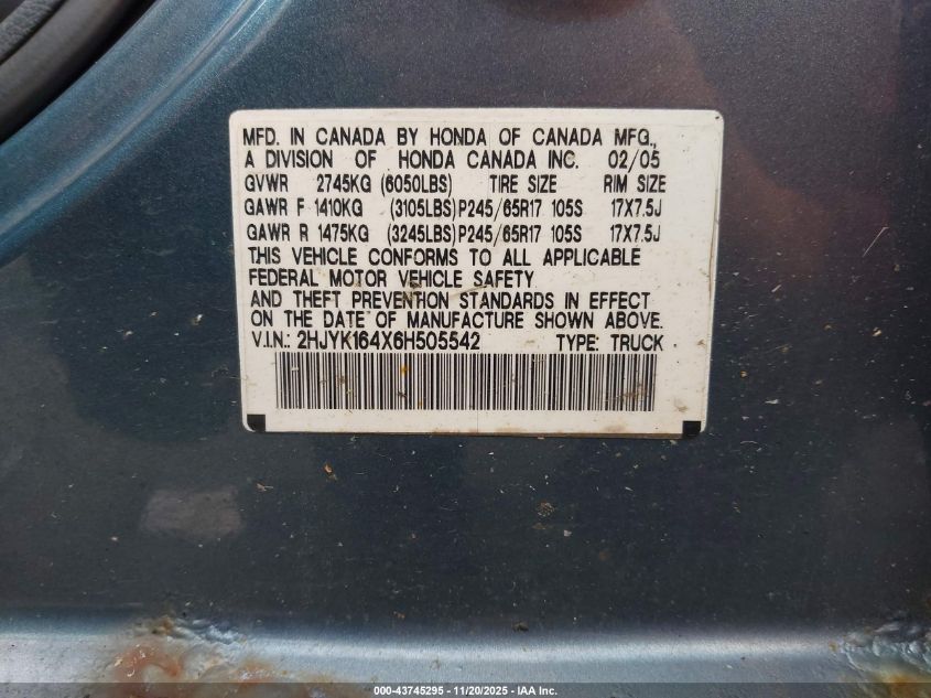 2006 Honda Ridgeline Rts VIN: 2HJYK164X6H505542 Lot: 43745295