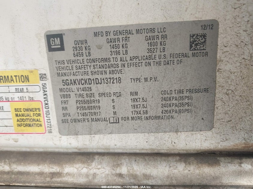 2013 Buick Enclave Leather VIN: 5GAKVCKD1DJ137218 Lot: 43745294