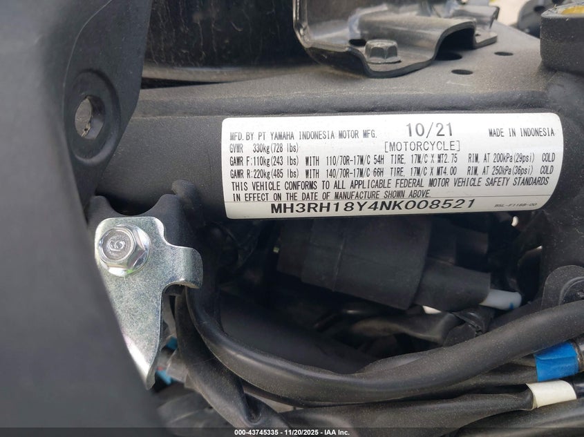 2022 Yamaha Yzfr3 A VIN: MH3RH18Y4NK008521 Lot: 43745335