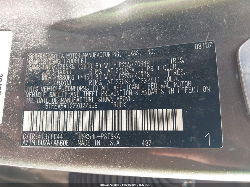 2007 Toyota Tundra Sr5 5.7L V8 VIN: 5TFEV54127X027659 Lot: 43745339