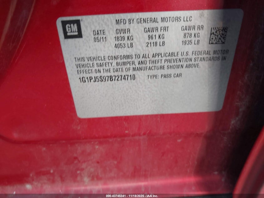 1G1PJ5S97B7274710 2011 CHEVROLET CRUZE photo no. 9