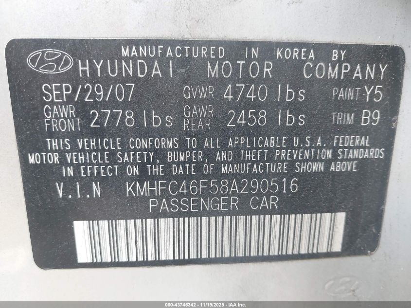 2008 Hyundai Azera Limited VIN: KMHFC46F58A290516 Lot: 43745342