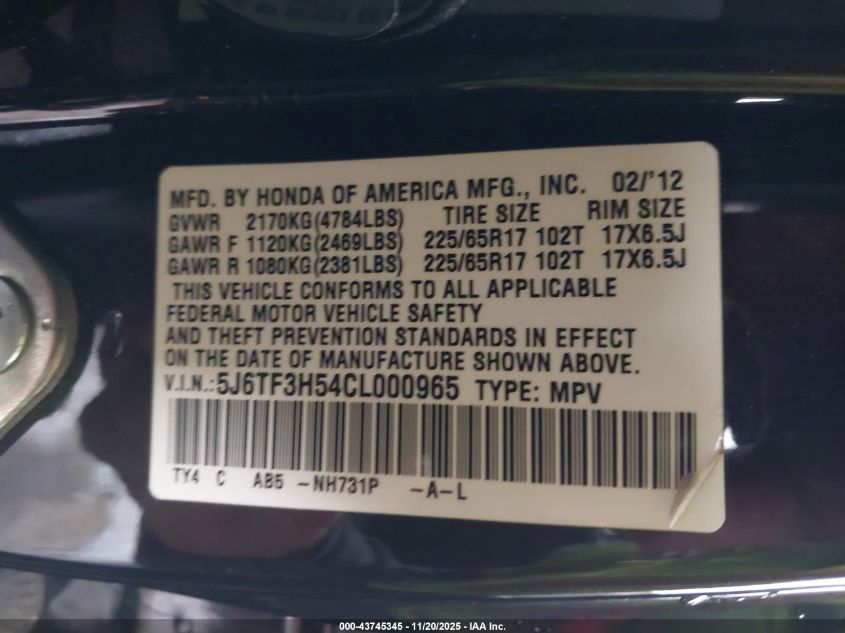 2012 Honda Crosstour 2.4 Ex-L VIN: 5J6TF3H54CL000965 Lot: 43745345