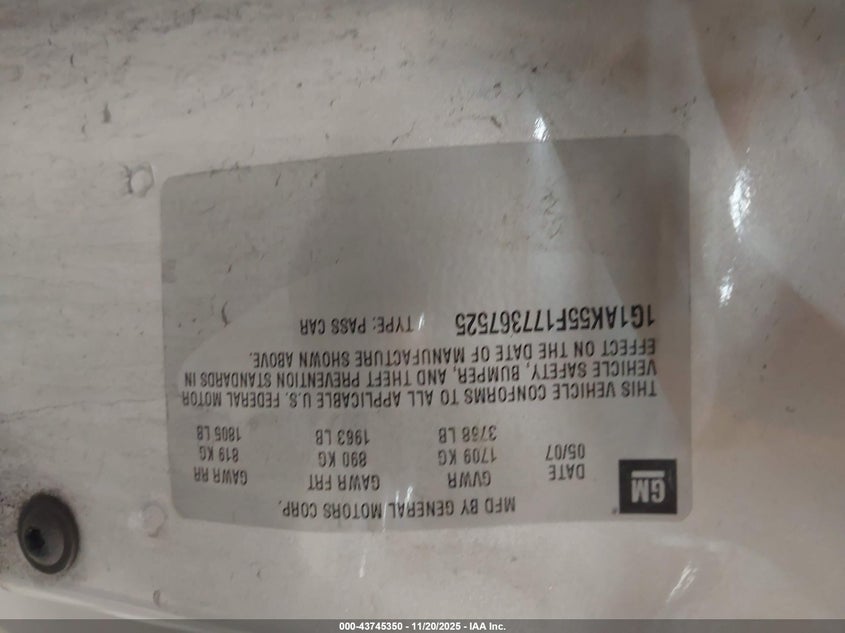 2007 Chevrolet Cobalt Ls VIN: 1G1AK55F177367525 Lot: 43745350