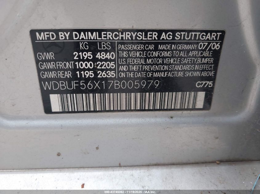 2007 Mercedes-Benz E 350 VIN: WDBUF56X17B005979 Lot: 43745362