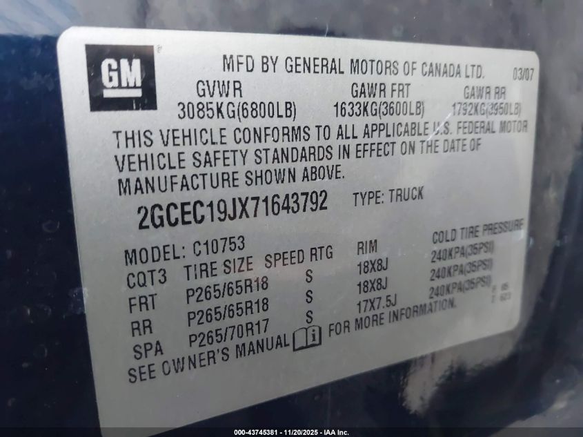 2007 Chevrolet Silverado 1500 Lt1 VIN: 2GCEC19JX71643792 Lot: 43745381