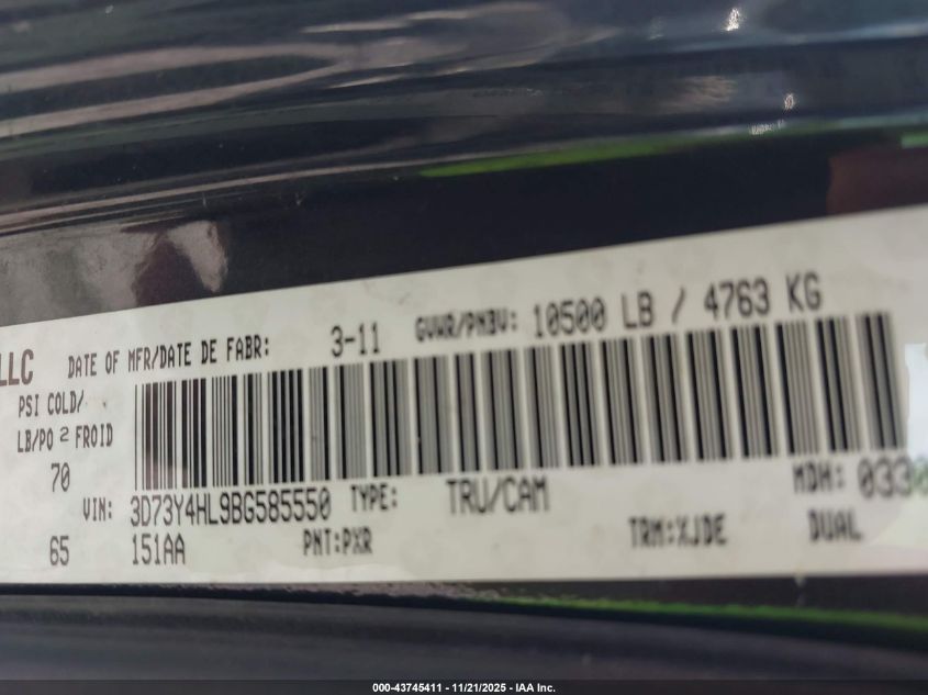 2011 Ram Ram 3500 Laramie Longhorn VIN: 3D73Y4HL9BG585550 Lot: 43745411