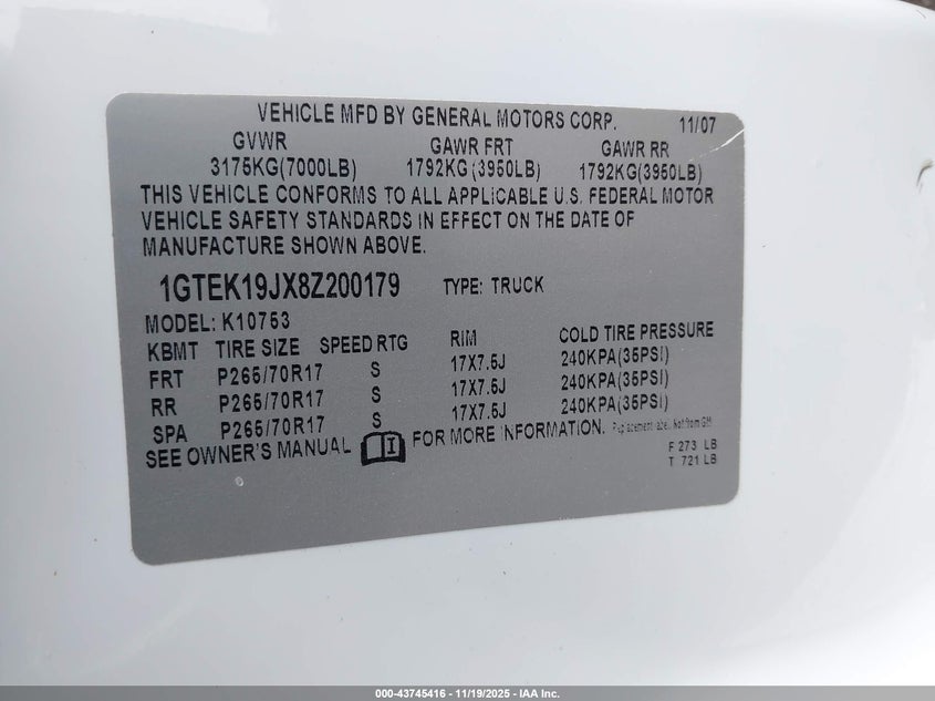 2008 GMC Sierra 1500 Work Truck VIN: 1GTEK19JX8Z200179 Lot: 43745416