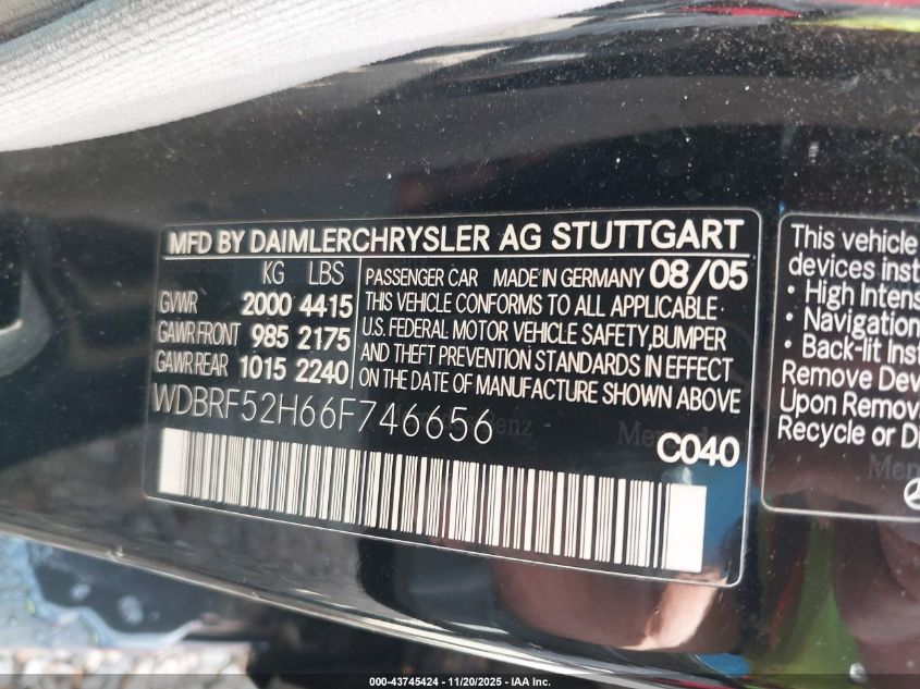 2006 Mercedes-Benz C 230 Sport VIN: WDBRF52H66F746656 Lot: 43745424