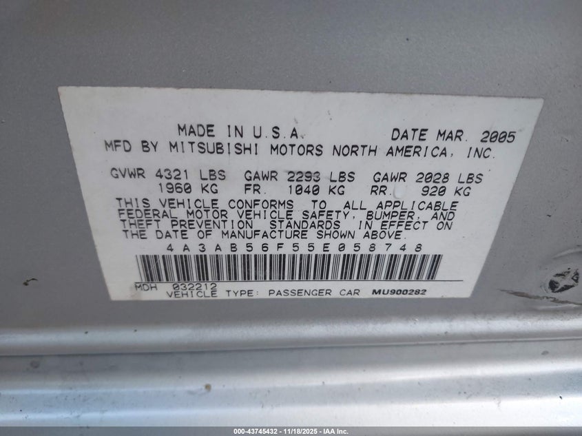 2005 Mitsubishi Galant Es/Se VIN: 4A3AB56F55E058748 Lot: 43745432