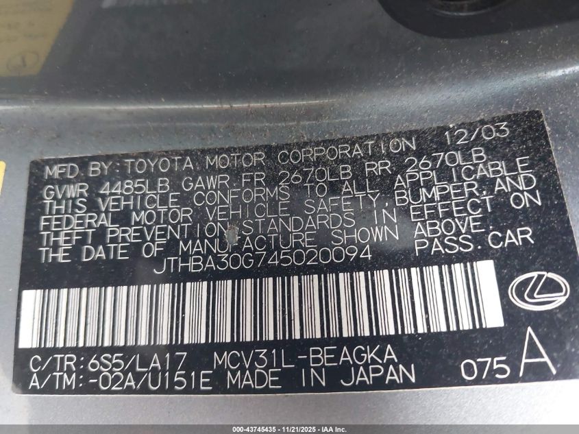 2004 Lexus Es 330 VIN: JTHBA30G745020094 Lot: 43745435