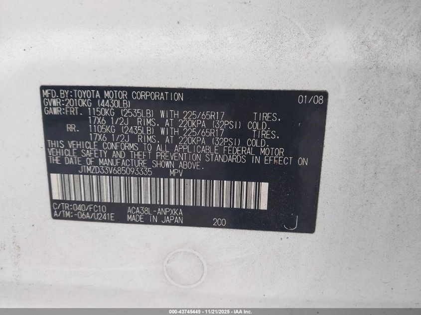 2008 Toyota Rav4 VIN: JTMZD33V685093335 Lot: 43745449