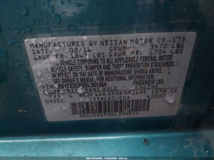 2016 Nissan Versa Note Sv VIN: 3N1CE2CP3GL391454 Lot: 43745458