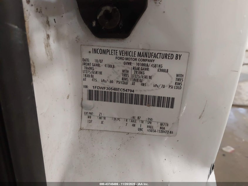 2008 Ford F-350 Xl/Xlt VIN: 1FDWF30548EC54794 Lot: 43745486