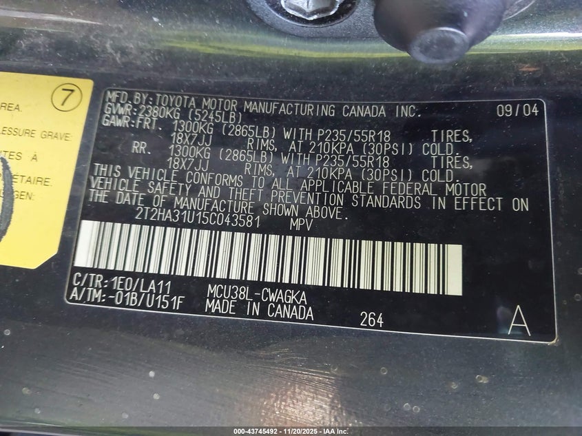 2005 Lexus Rx 330 VIN: 2T2HA31U15C043581 Lot: 43745492