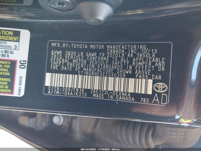 2T1BURHEXEC040309 2014 TOYOTA COROLLA photo no. 9