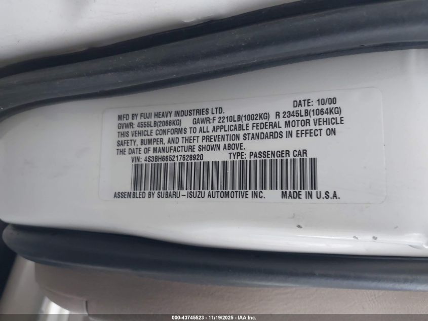 2001 Subaru Outback VIN: 4S3BH665217628920 Lot: 43745523