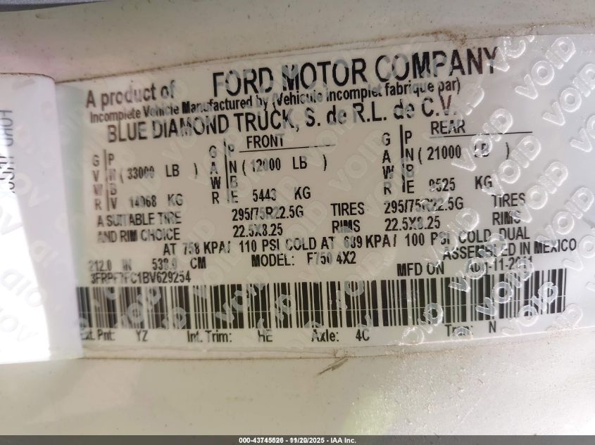 2011 Ford F-750 Xl/Xlt VIN: 3FRPF7FC1BV629254 Lot: 43745526