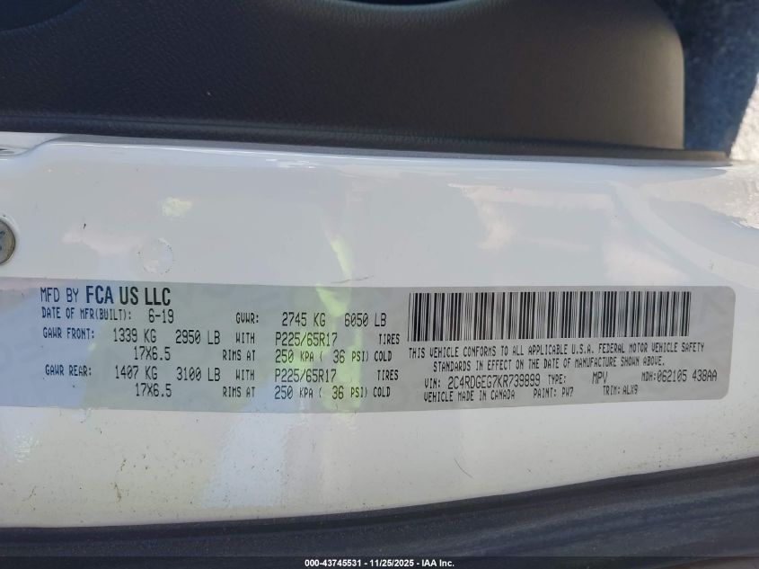 2019 Dodge Grand Caravan Gt VIN: 2C4RDGEG7KR739899 Lot: 43745531