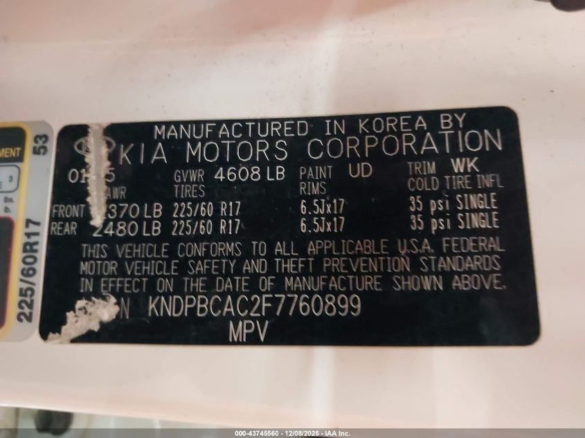 2015 Kia Sportage Lx VIN: KNDPBCAC2F7760899 Lot: 43745560