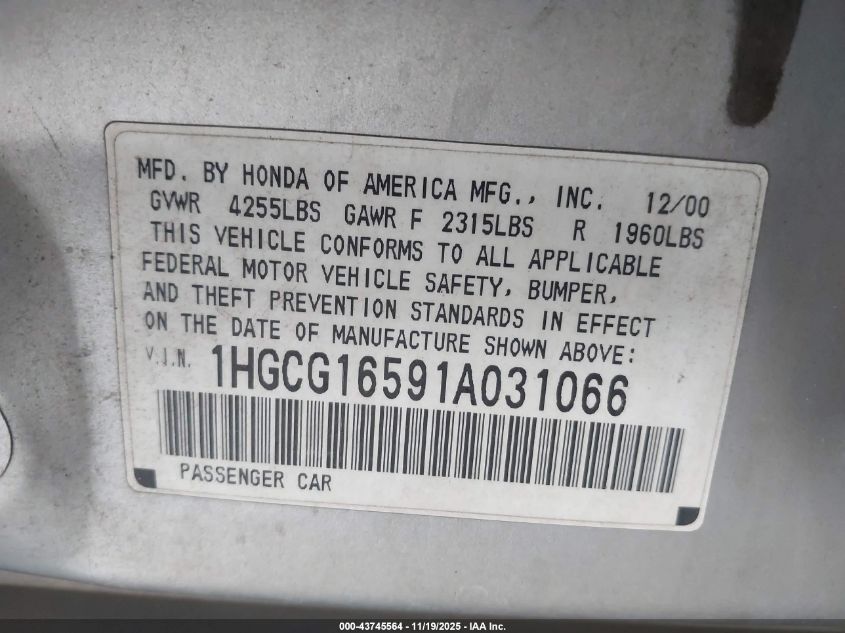 2001 Honda Accord 3.0 Ex VIN: 1HGCG16591A031066 Lot: 43745564