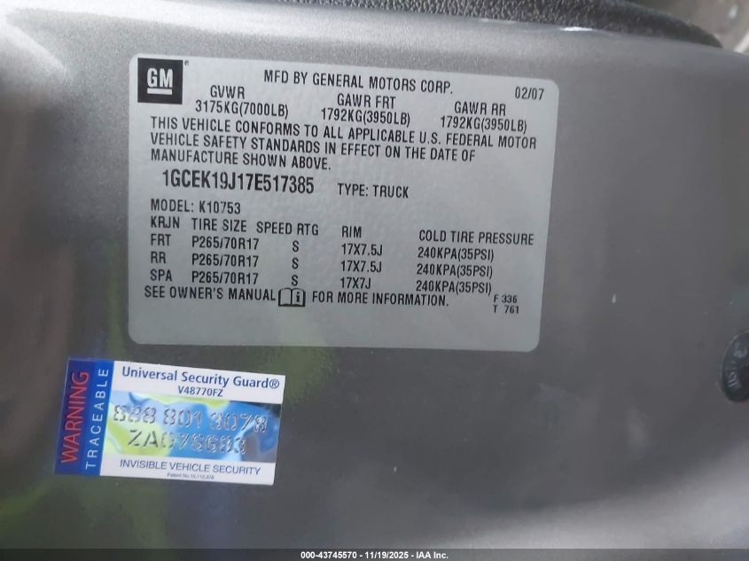2007 Chevrolet Silverado 1500 Lt2 VIN: 1GCEK19J17E517385 Lot: 43745570