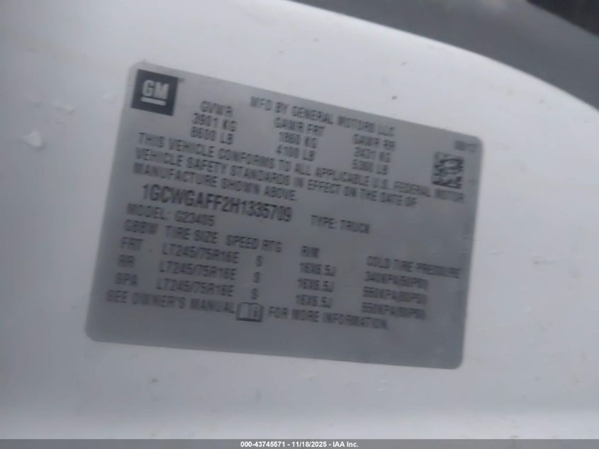 2017 Chevrolet Express 2500 Work Van VIN: 1GCWGAFF2H1335709 Lot: 43745571