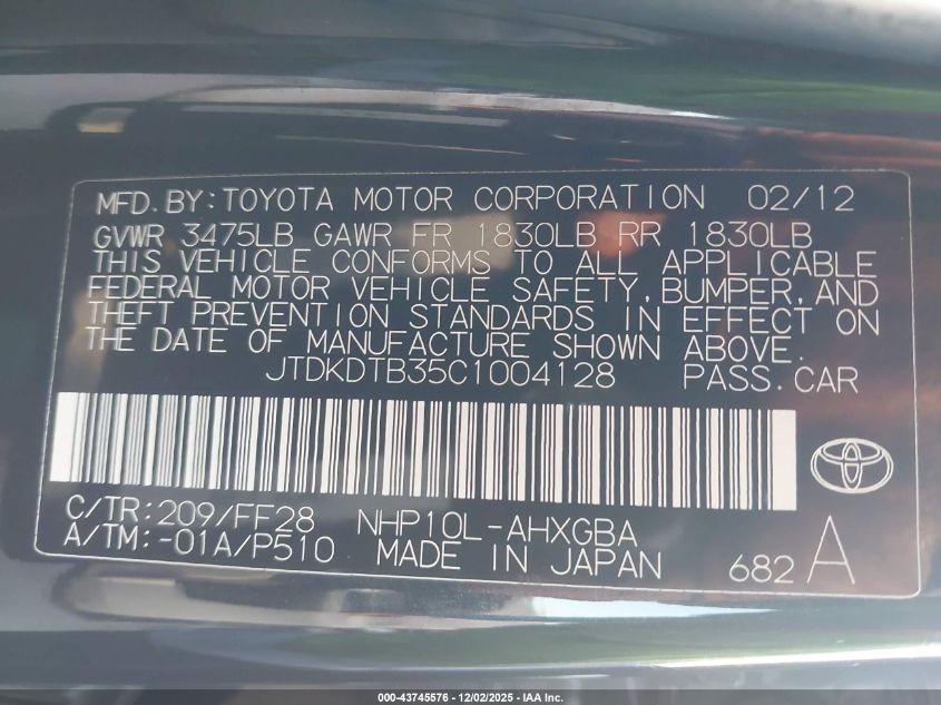 2012 Toyota Prius C Three VIN: JTDKDTB35C1004128 Lot: 43745576