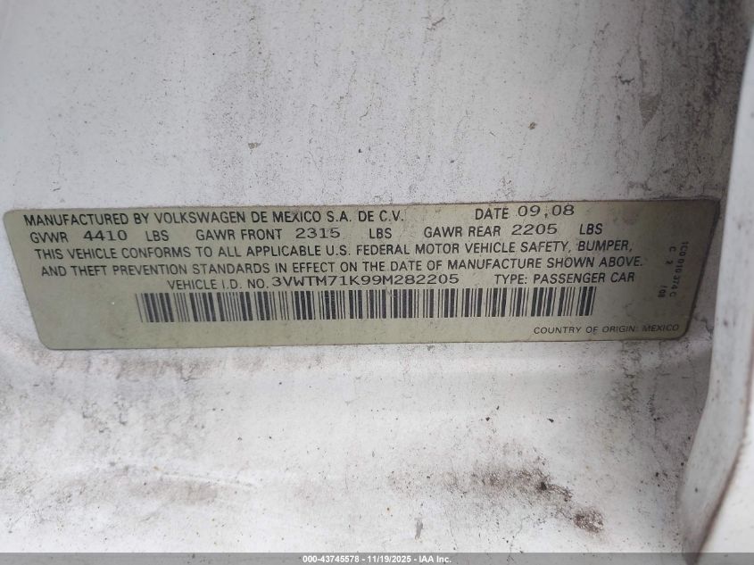 2009 Volkswagen Jetta 2.5L Se VIN: 3VWTM71K99M282205 Lot: 43745578