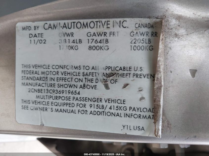 2003 Chevrolet Tracker Hard Top Base VIN: 2CNBE13C936919654 Lot: 43745588