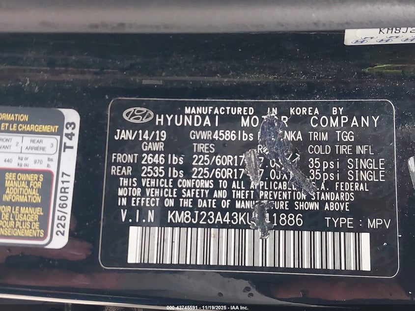 KM8J23A43KU941886 2019 HYUNDAI TUCSON photo no. 9