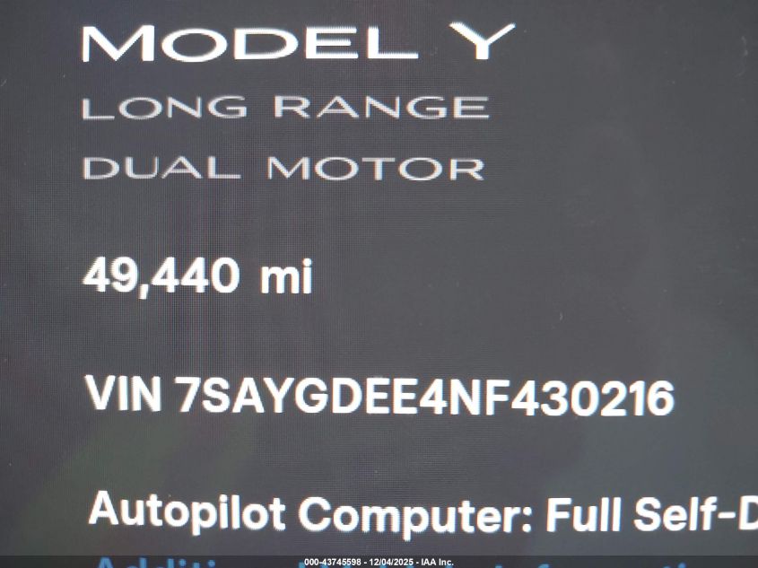2022 Tesla Model Y Long Range Dual Motor All-Wheel Drive VIN: 7SAYGDEE4NF430216 Lot: 43745598