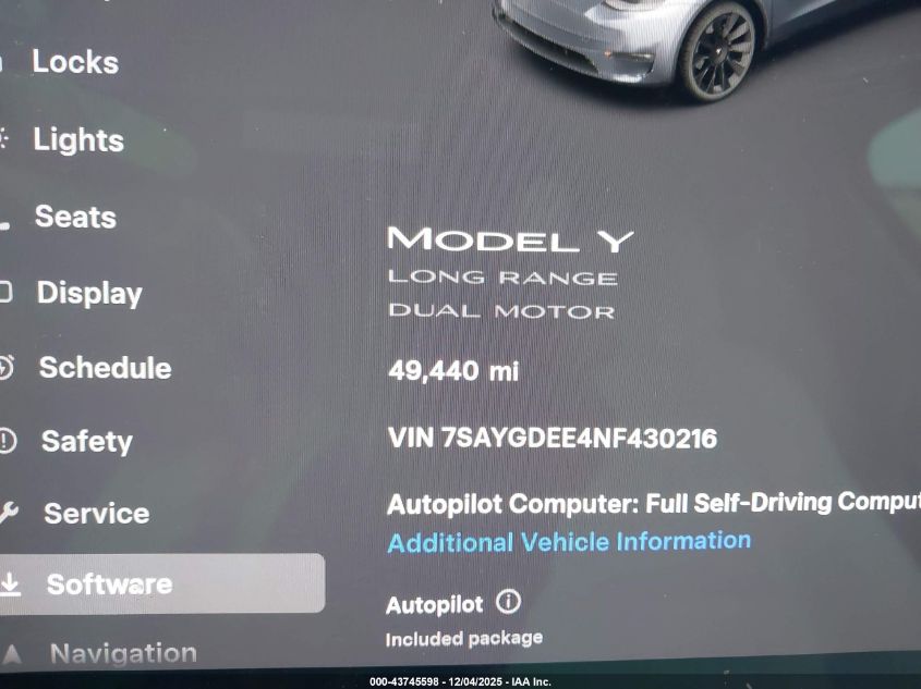 2022 Tesla Model Y Long Range Dual Motor All-Wheel Drive VIN: 7SAYGDEE4NF430216 Lot: 43745598