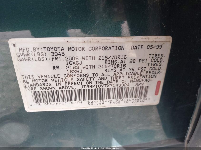 1999 Toyota Rav4 VIN: JT3HP10V7X7143324 Lot: 43745610