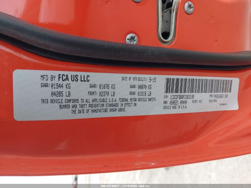 2015 Dodge Dart Sxt VIN: 1C3CDFBB8FD363185 Lot: 43745617