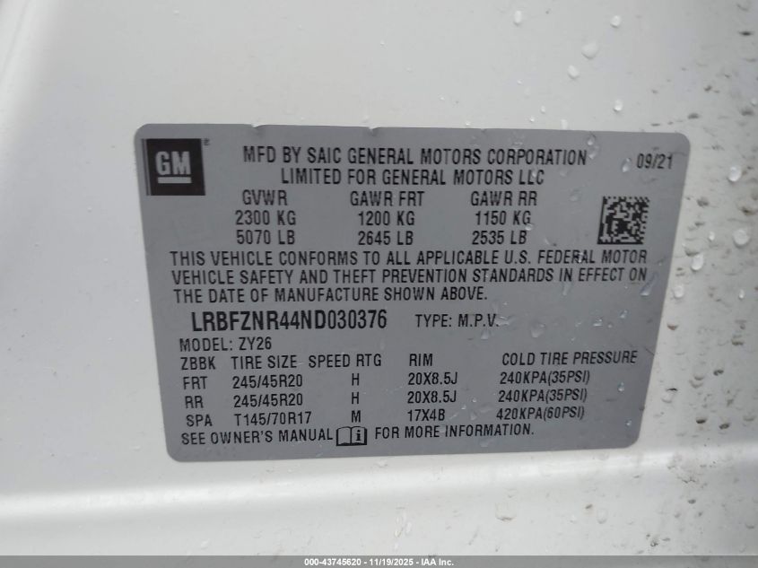 2022 Buick Envision Fwd Essence VIN: LRBFZNR44ND030376 Lot: 43745620