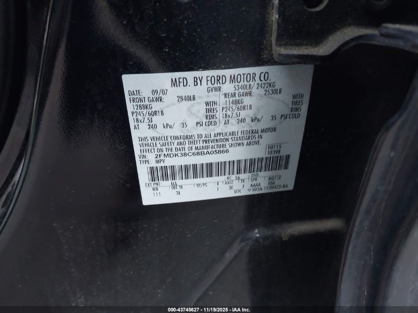 2008 Ford Edge Sel VIN: 2FMDK38C68BA05866 Lot: 43745627