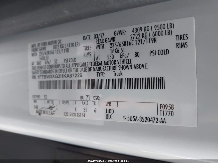 2017 Ford Transit-350 VIN: 1FTBW3XG3HKA87226 Lot: 43745640