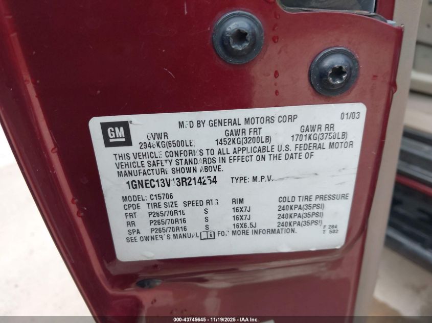 2003 Chevrolet Tahoe Ls VIN: 1GNEC13V13R214254 Lot: 43745645